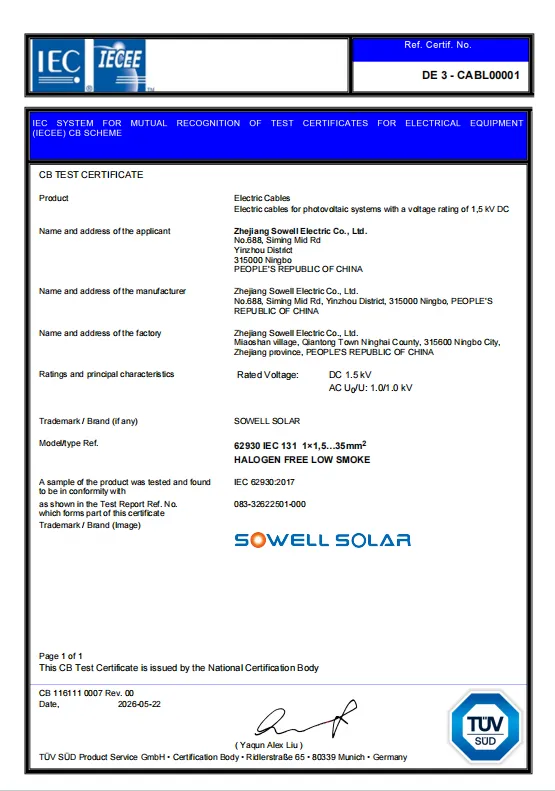SOWELLSOLAR Fotovoltaik Kablolar TÜV SÜD IECEE-CB Sertifikasını Aldı